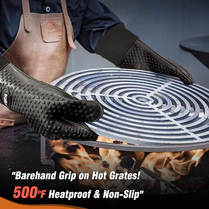 Walfos Silicone BBQ Gloves - Heat Resistant Grilling Gloves, Premium Non-Slip Kitchen Silicone Oven Mitt With Protective Cotton Layer Inside, Waterproof, Great for Grilling, Kitchen and Cooking, Black