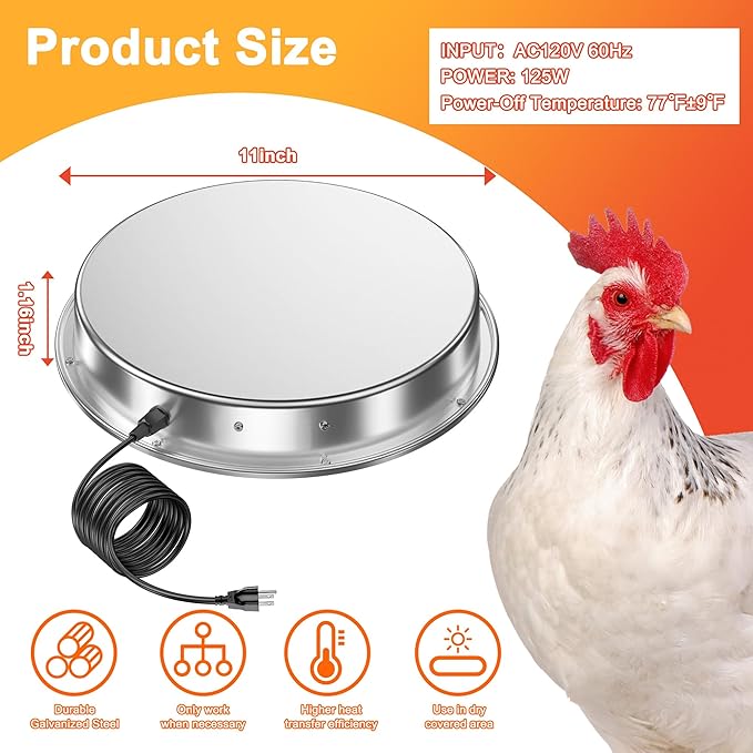 11in Chicken Water Heater for Drinker, 110W Poultry Waterer Heated Base for Metal Drinking Fountains