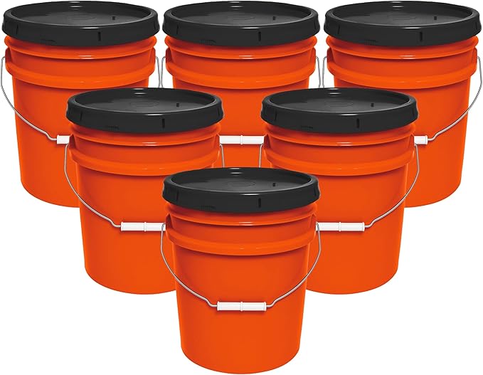 5-Gallon Bucket with Airtight Lid – Made in USA, Food Grade BPA Free Plastic, Heavy Duty Multi-Use, Metal Handle with Grip, Stackable Storage – Orange, 6 Pack