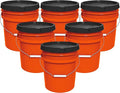5-Gallon Bucket with Airtight Lid – Made in USA, Food Grade BPA Free Plastic, Heavy Duty Multi-Use, Metal Handle with Grip, Stackable Storage – Orange, 6 Pack