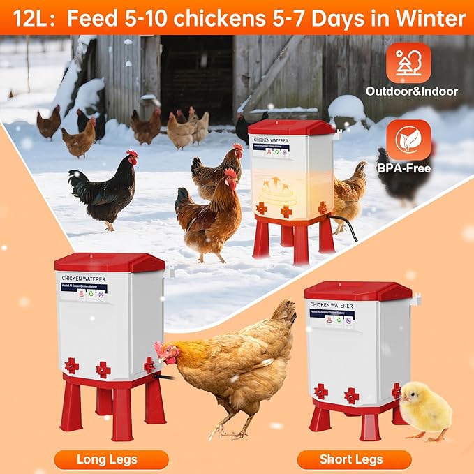 Heated Chicken Waterer, Thermostatically Controlled Poultry Water Heater for Winter, 4 Horizontal Nipples and 8 Support Legs, Anti-Freezing Watering System for Coop Accessories (Red, 3.2Gallon)