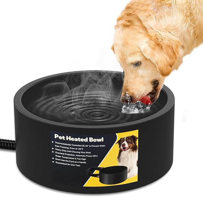 Heated Water Bowl for Dogs & Cats, Waterproof Heated Dog Bowl with Chew Resistant Cord, Large Heated Pet Bowl, Provide Warmable Water for Dogs, Cats, Chicken, Birds in Winter 3.2L（Black）