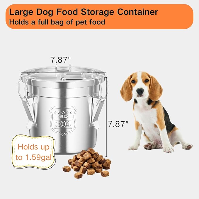 Stainless Steel Dog Food Storage Container 6L/1.59Gal Airtight Pet Food Storage Container with Lid to Keep Fresh Large Pet Food Storage with 3 Locking Latches for Cat Food Chicken Feed Rice Easy Clean