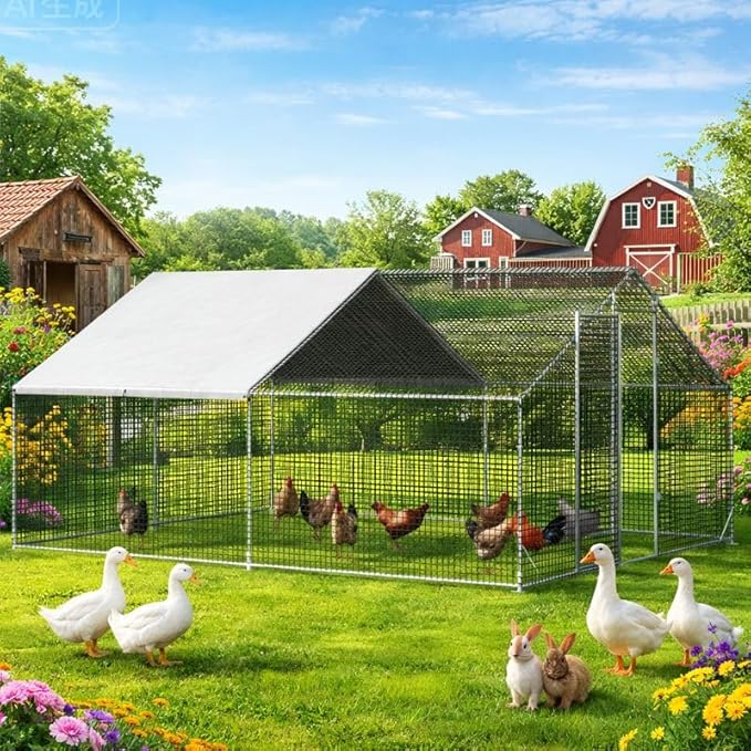 LEVELEVE Large Walk-in Chicken Coop with Chicken Run, Galvanized Poultry Enclosure with Waterproof Anti-UV Cover and Security Lock, Ideal for Rabbit, Duck, Backyard and Farm Yard，13.1'x 9.8'x 6.6'