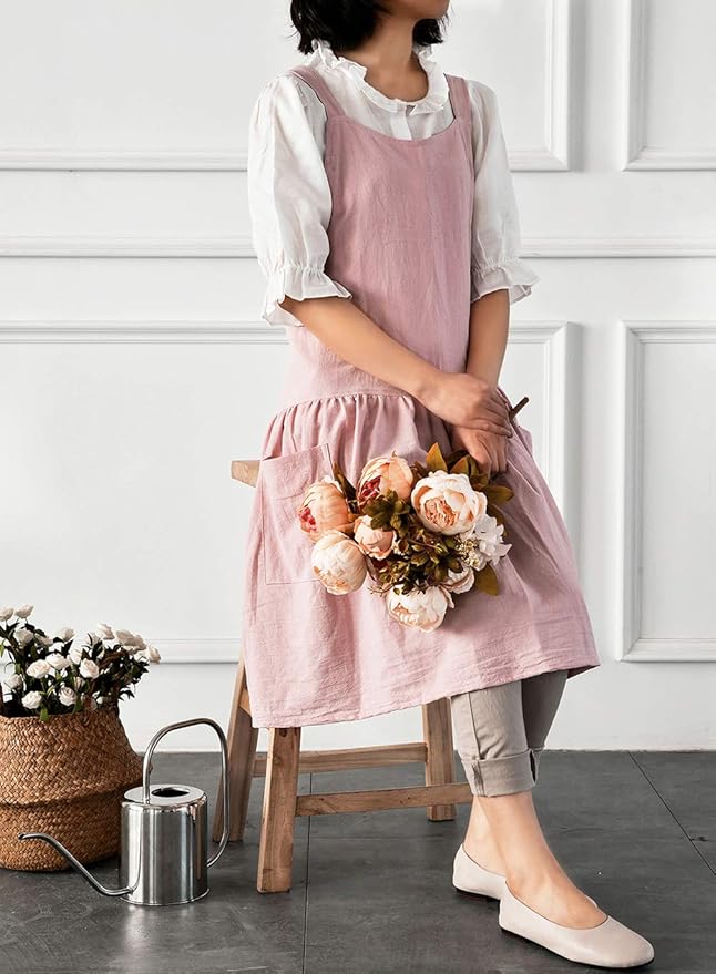 NEWGEM Cotton Linen Cross Back Apron for Women with Pockets for Baking Painting Pink with Waist Ties
