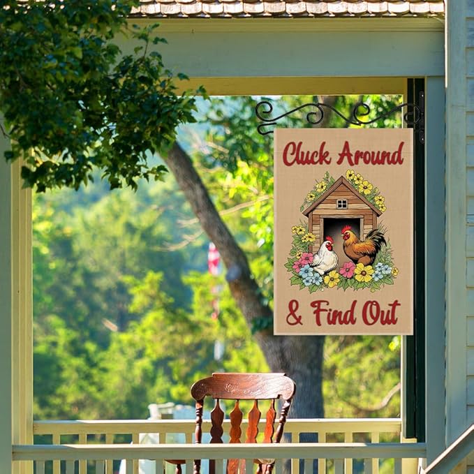 Cluck Around & Find Out Garden Flag, Double Sided Farmhouse Chicken Coop Outdoor Decoration Yard Flag Gifts, Welcome to the Farm Flags for Chickens Lover, Funny Chicken Sign
