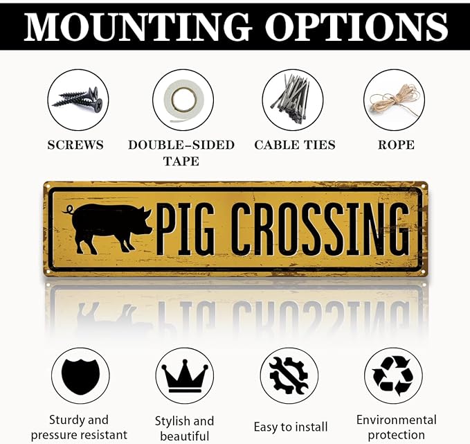 Rustic Farmhouse Metal Tin Sign, Pig Crossing Sign, Vintage Animal Road Signs for Porch, Yard, and Farmhouse, Animal Crossing Warning Signs, Perfect for Garden and Road, 15.7 x 3.9 inches