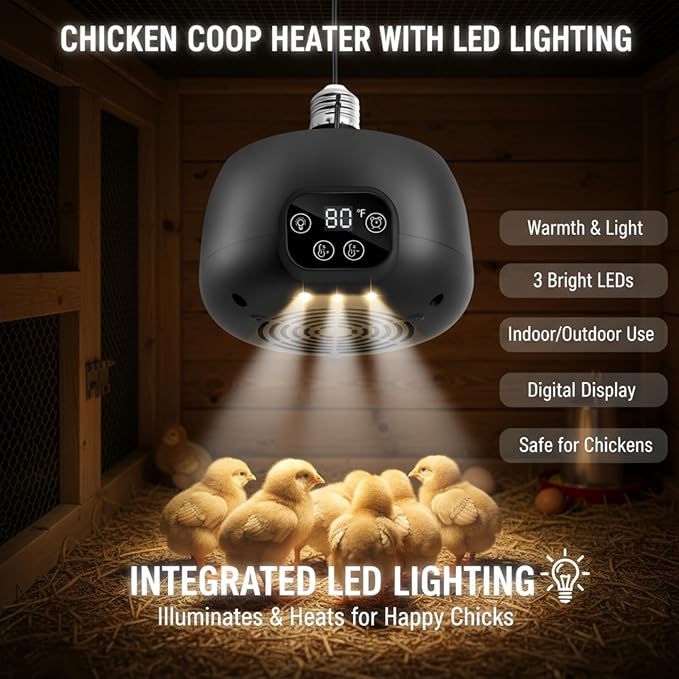 Enhon Chicken Coop Heater with LED Lighting, Adjustable Temperature, Timer & Safety Features – 5 Ft Long Cable Chicken Coop Heating Lamp Perfect for Small Animals and Reptiles(2 Pack)