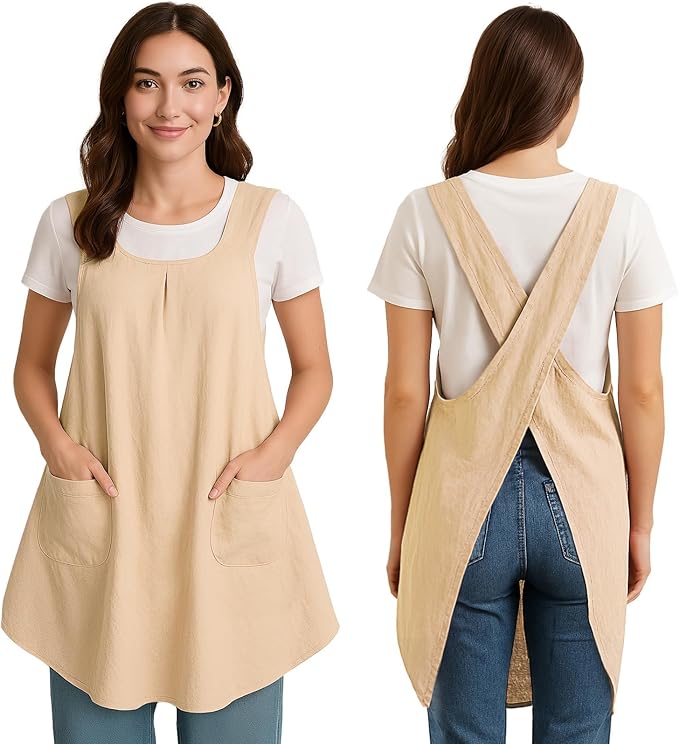 Apron for Women with Pocket Cotton Linen, Japanese Cross Back Apron for Gardening Painting