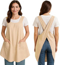 Apron for Women with Pocket Cotton Linen, Japanese Cross Back Apron for Gardening Painting