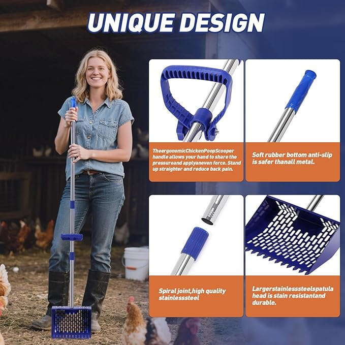 3-in-1 Chicken Poop Scooper & Sifting Shovel, 304 Stainless Steel Handle & Rake, Suitable for Sand, Chicken Coop & Livestock Farm Feces Cleaning, Litter Sifting Shovel Feces Sifter, Adjustable (35-62)