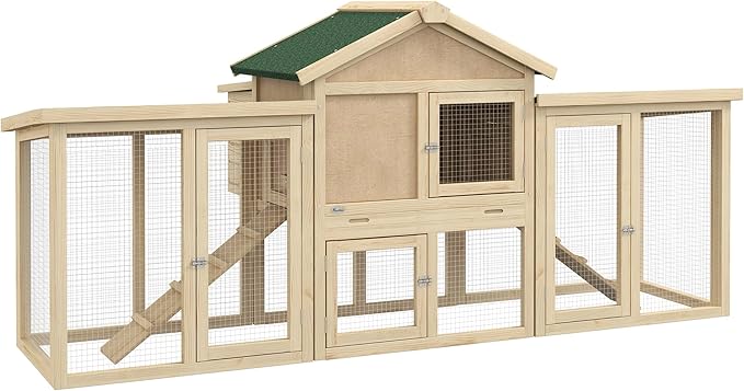 PawHut 80" Chicken Coop, Wooden Outdoor Chicken Cage Hen House with Nesting Box, Double Runs, Removable Tray, Ramps, for Backyard