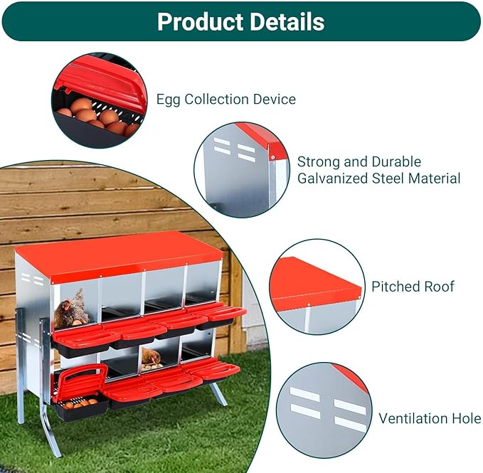 Heavy Duty 8 Hole Chicken Nesting Box with Roll Away Egg Collection System - Rustproof Plastic Tray, Ventilation Holes & Keyhole Mounting - Laying Box for Hens and Ducks (Green)