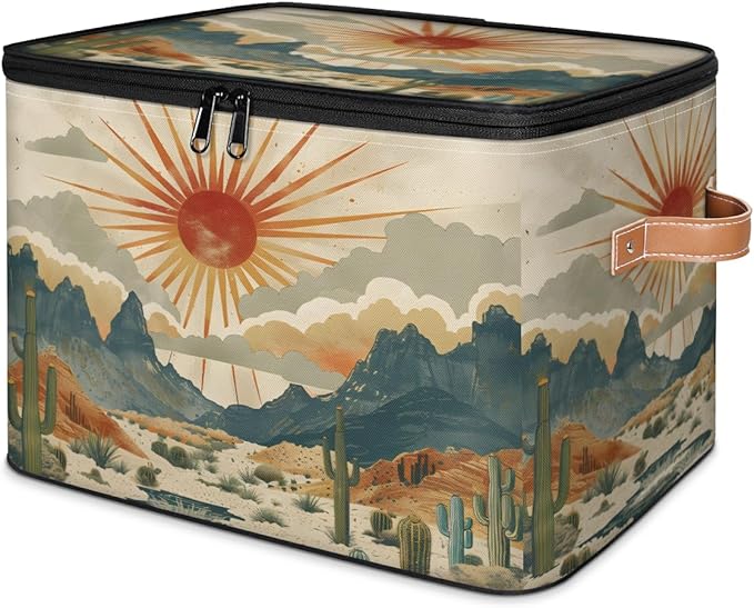 Cactus Storage Bins with Lids, Desert Sunset Fabric Storage Boxes with Zipper, Collapsible Decorative Closet Organizer Cube for Clothes, Organizing, Shelves