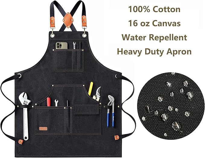 AFUN Work Aprons for Men with Large Pockets, Cotton Canvas Cross Back Heavy Duty Adjustable Tool Apron, Size M to XXL (Black)