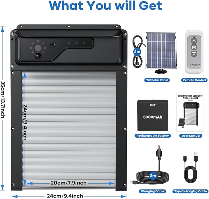 WiFi Automatic Chicken Coop Door with Camera, APP Remote Control, Smart Solar Powered Auto Chicken Door Opener with Timer, Night Vision, Anti-Pinch Safety, Smart Alerts, Space-Saving Roll-Up Design