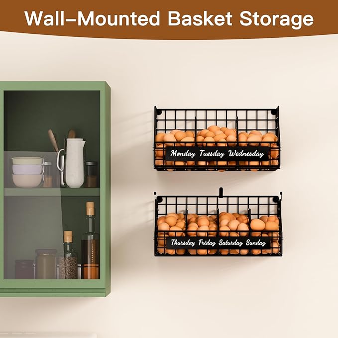 Egg Holder Countertop with 5 Dividers & Labels, 2 Tier Stackable Chicken Egg Baskets for Gathering Fresh Eggs, Egg Organizer for Countertop/Wall-Mounted, Black