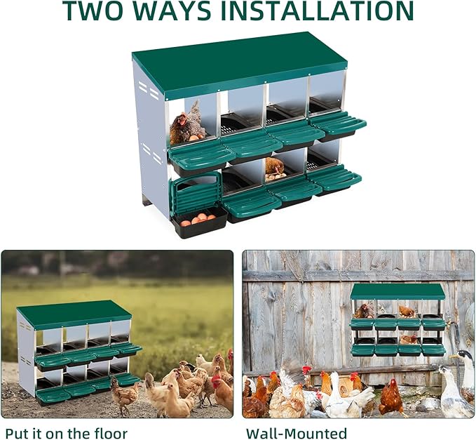 8-Hole Chicken Nesting Box, Roll Away Nest with Removable Tray, Easy Egg Collection & Cleaning, Wall-Mount Nesting Boxes for Hens, Chicken Coop - Green