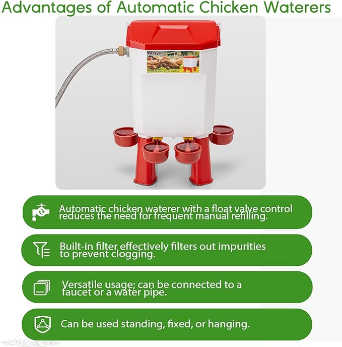 Automatic Chicken Waterer, Float-Controlled Large Waterer with Four Water Cups and Stainless Steel Metal Hose; Suitable for Quail, Ducks, and Other Poultry.