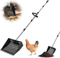 Garvee 9.8'' Chicken Poop Scooper and Rake, 2-in-1 Metal Chicken Coop Scoop with 24'' to 68.9'' Adjustable Stainless Steel Handle, Multifunctional Sifting Shovel for Coops and Small Farm Animals