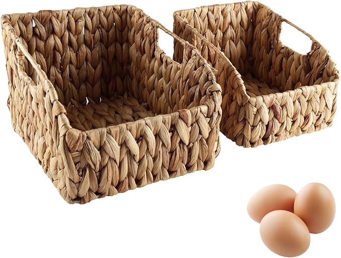 Set of 2 Eggs Collecting Basket with Handle, Farmhouse Wicker Egg Baskets for Gathering Fresh Egg, Trapezoid Egg Holder Display, Vintage Style Fruit Basket for Kitchen Pantry Countertop