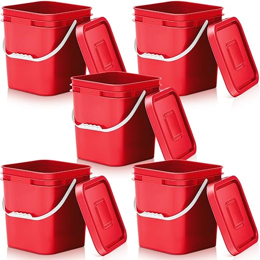 Mumufy 5 Pcs 3.5 Gallon Square Food Grade Bucket with Lid Square Bucket Pail Plastic Handles for Long Term Food Storage, Camping, Fishing, Home Organization Easy Stack and Store (Red)
