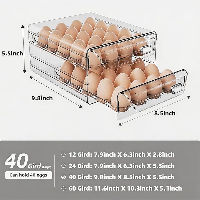 HIYOHIYO Clear 40 Egg Holder for Fridge, High Capacity Egg Storage for Refrigerator, Large Egg Container for Refrigerator, Stackable Eggs Storage Trays for Countertop (2 Layer, 9.8"x 8.5"x 5.5")