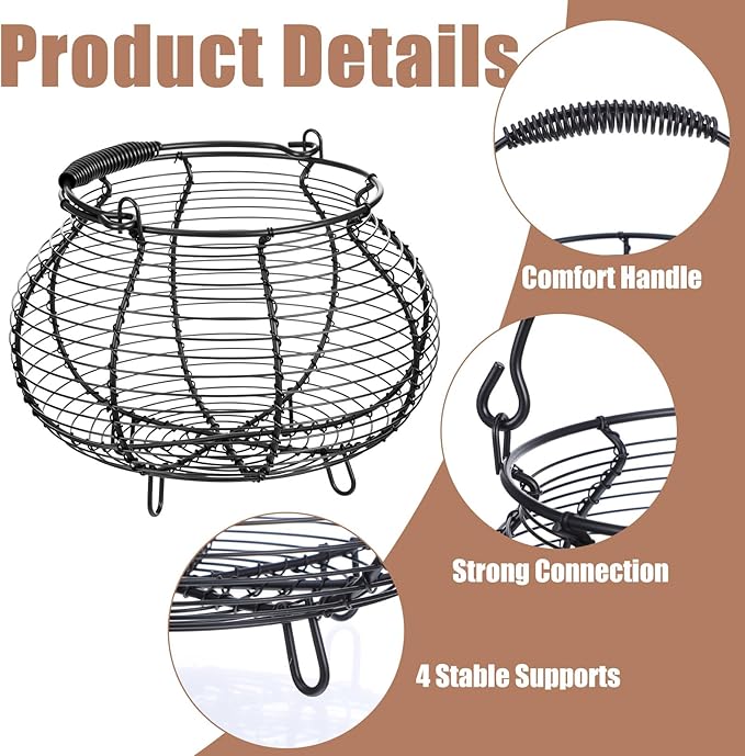 Farmhouse Wire Egg Baskets for Gathering Fresh Egg with Handle & Mat Round Metal Chicken Eggs Collecting Basket Small Metal Wire Basket Eggs Gathering Baskets Countertop Round Chicken Baskets