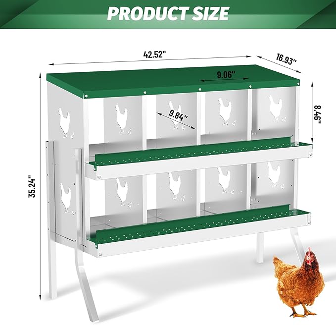 Chicken Nesting Box,8 Compartment Metal Poultry Nest Box Wall Mount, Metal Roll Away Eggs Laying Boxes with Legs, Easy Egg Collection, Easy Cleaning,10 Room Chicken Coop for Hens