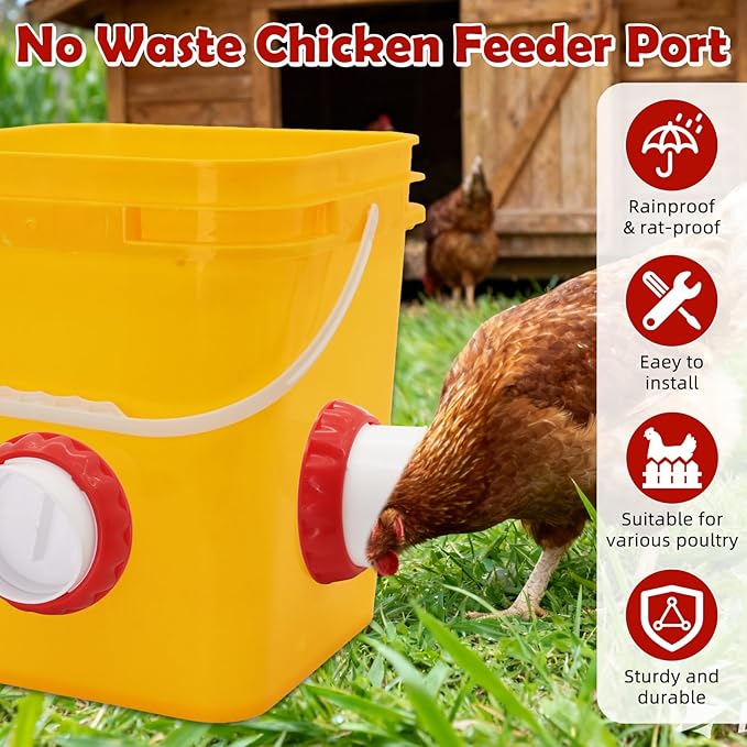 Chicken Feeders No Waste, DIY Automatic Poultry Feeder 8 Ports 1 Hole Saw with Covers Gravity Feed Kit for Buckets Barrels Bins Troughs（Red and White）