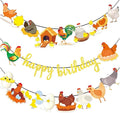 3pcs Chicken Birthday Decorations Gold Glitter Happy Birthday Banner and Chicken Paper Garlands for Spring Easter Hen & Chick Farm Theme Party Decor Supplies