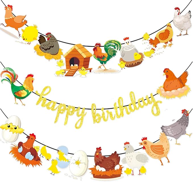 3pcs Chicken Birthday Decorations Gold Glitter Happy Birthday Banner and Chicken Paper Garlands for Spring Easter Hen & Chick Farm Theme Party Decor Supplies