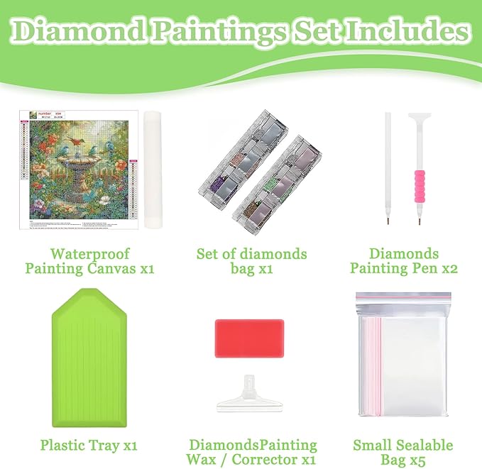 MAXBYE Garden Birds Diamonds Painting Kits for Adults, 5D DIY Diamond Art Kits for Beginners, Full Drill Diamonds Painting Kits for Home Wall Decor, Garden Fountains, 12x12 in