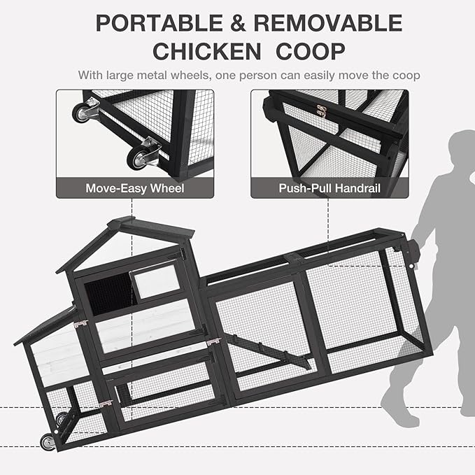 Mobile Chicken Coop with Wheels, Large Outdoor Hen House with Run for 4-6 Chickens, Weatherproof Asphalt Roof, Sectionable Nesting Box & Pull-Out Tray, 82.4" L x 25.8" W x 44.1" H - Black