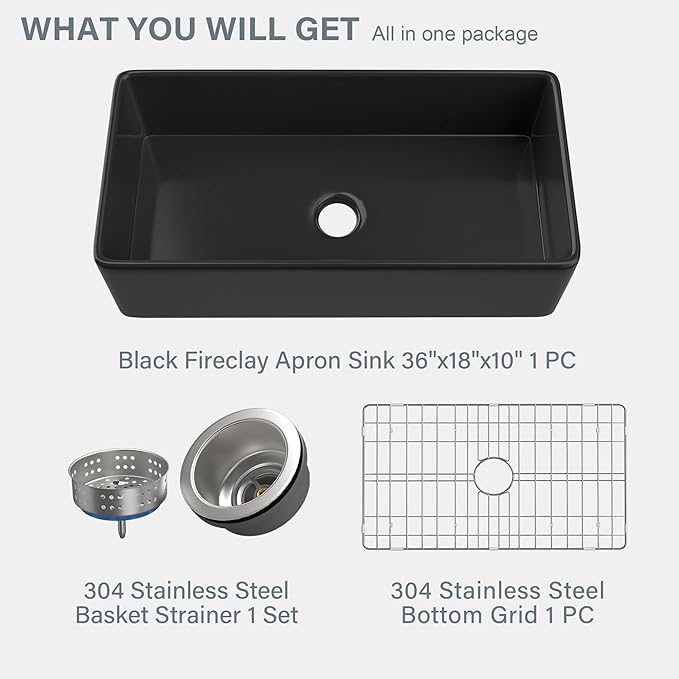 Extra Large Black Farmhouse Sink 36 x 18 Inch, MIN. Base Cabinet Size: 21"Dx39"W, Firecaly Apron Front Undermount Farm Sink Single Bowl for Kitchen, w Accessories 2 Types
