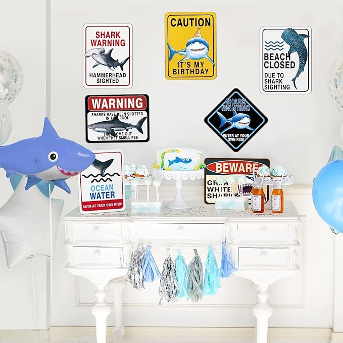 WERNNSAI Shark Birthday Party Decorations - 9 PCS Blue Shark Party Decoration Signs for Kids Boys Under The Sea Birthday Supplies Ocean Shark Signs Decor for Ocean Themed Baby Show Party Favors