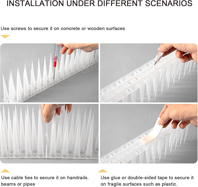OFFO Bird Spikes Pigeon Outdoor Spikes for Cat Keep Birds Raccoon Woodpecker Away Covers 14.6 Feet(4.4m), Frosted White