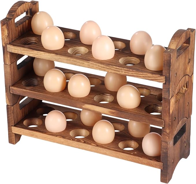 3 Tier Stackable Egg Rack, Wooden Countertop Egg Holder Holds 36 Eggs, Dark Brown Fresh Eggs Organizer, Stackable Quail Egg Sorter Storage Trays for Duck, Turkey, Chicken Egg