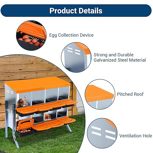 Chicken Nesting Boxes, 8 Hole Metal Chicken Laying Box with with Removable Trays and Roll Out Egg Collection for Chicken Coop, with Metal Bracket, Orange