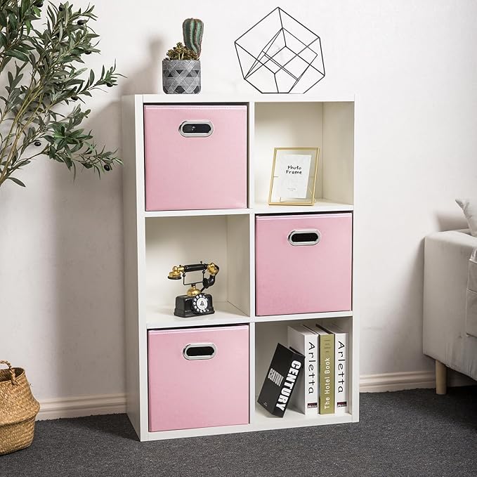 PRANDOM Leather Foldable Cube Storage Bins 13x13 inch [2-Pack] Fabric Storage Baskets Cubes Drawer with Cotton Handles Organizer for Shelves Nursery Closet Bedroom Clothes Pink