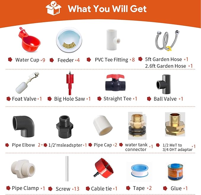 Complete Set Pipeline Automatic Chicken Waterer System(82Accessories Included) Chicken Feeder and Waterer Set,Poultry Waterer,with PVC Pipeline,Garden Hose and Hole Openers