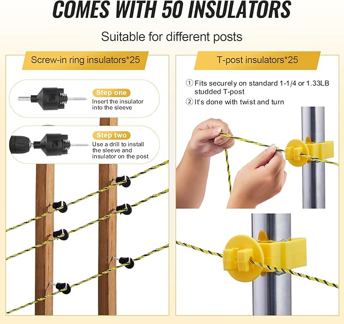 VEVOR Electric Fence Wire, 1640Ft 500M Portable Polywire, 1/8" Diameter 6 Stainless Steel Strands, Fencing Rope Line with 25 Fence Insulators and 25 T-Post Insulators, for Horse, Cattle, Livestock