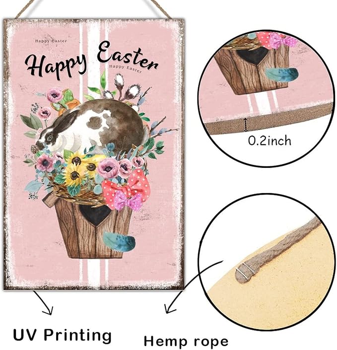 Happy Easter Flower Basket Bunny Sign Wall Decor French Style Floral Pink Stripes Sign Plaque Bunny Rabbit Happy Easter Wood Wall Decor Signs for Living Room Front Porch 12x18in
