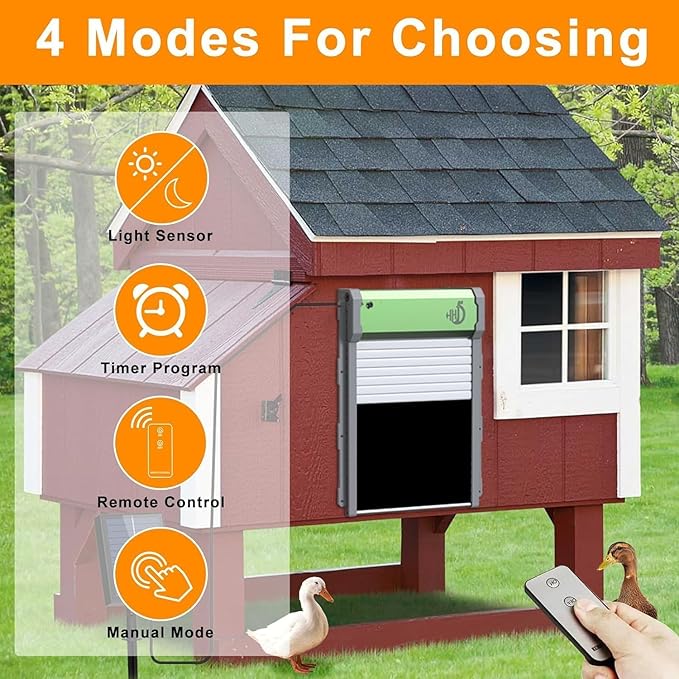 Upgraded Automatic Chicken Coop Door, Solar Henhouse Door Opener with Timer/Light Sensor/Remote Control/Manual Mode Aluminum Alloy 4 Modes Automatic Chicken Door with Anti-Pinch Design (Green)