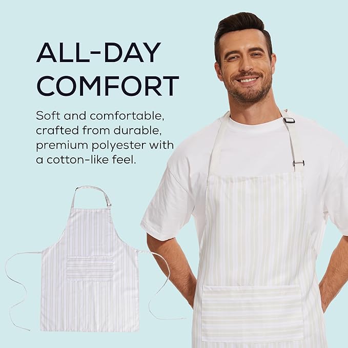Will Well Kitchen Apron for Men and Women - 33" x 27" Oil-and-Water-Resistant with Adjustable Neck Strap and 38" Waist Ties for a Snug Fit, Lightweight with 2 Front Pockets - 2-Pack, White Stripe