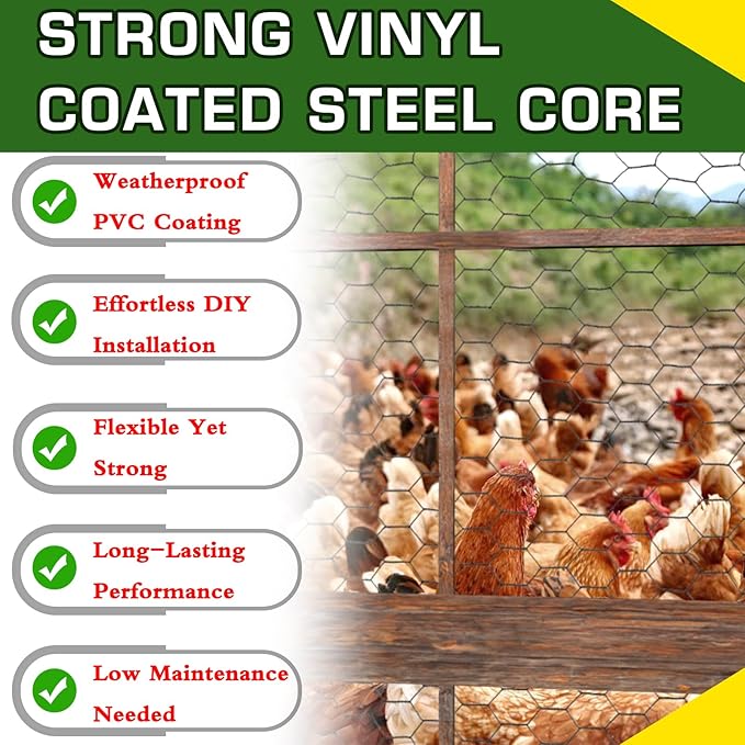 Premium Black Chicken Wire Fencing36inx150ft, PVC Coated Chicken Wire, Poultry Netting, Galvanized Chicken Wire Barrier for Floral Arrangements/Craft Projects/Pet/Rabbit