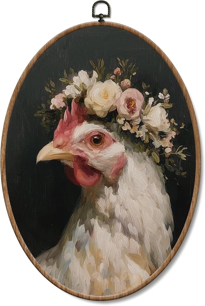 Yorhifa Vintage Floral Chicken Framed Wall Art, Cottagecore Flower Rooster Oval Wall Art, Rustic Farmhouse Chicken Oval Walls Decor, Country Farm Animal Canvas Artwork Hanging Decor, 8.5x11.5in