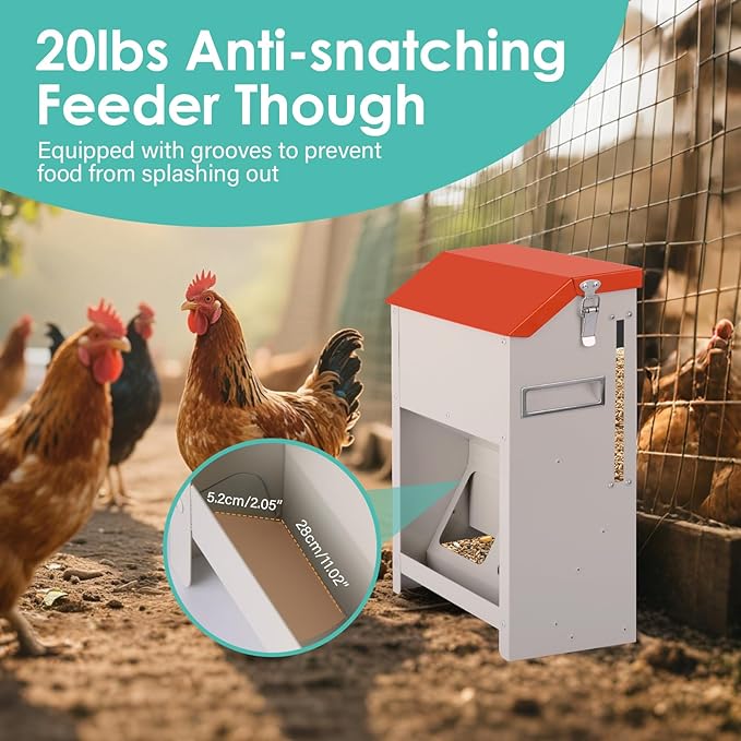 Chicken Feeders No Waste 20lbs Large Automatic Poultry Feeder with Lid Auto Feeding Though Dispenser for Duck Turkey Pheasant Chicken Coop Feeder System