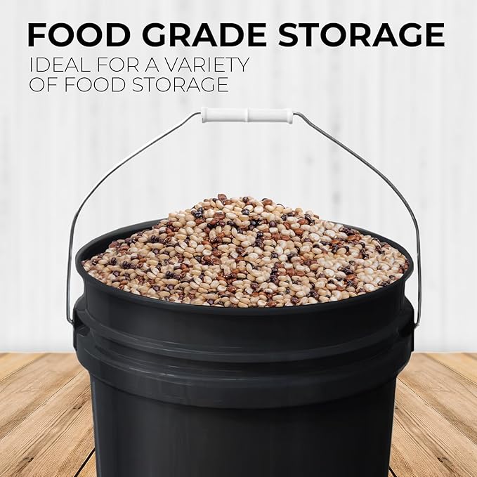 5-Gallon Black Bucket Pail with Gamma Seal Screw on Airtight Lid, Metal Handles with Plastic Grip for Easy Carrying, Easy Stack and Store, Heavy-Duty 90MIL Extra Durable, Food Grade, BPA Free - 2 Pack