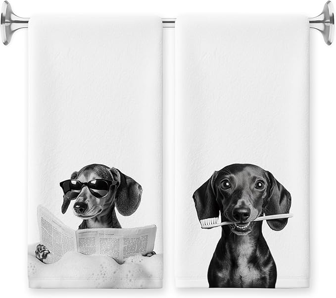 Funny Dachshund Bathroom Hand Towels, Weiner Dog Gifts for Women, Black and White Cute Dachshund Hand Towels for Bathroom Washroom Restroom Decor, 16x24 Inch, Set of 2（Upgraded Fabric）